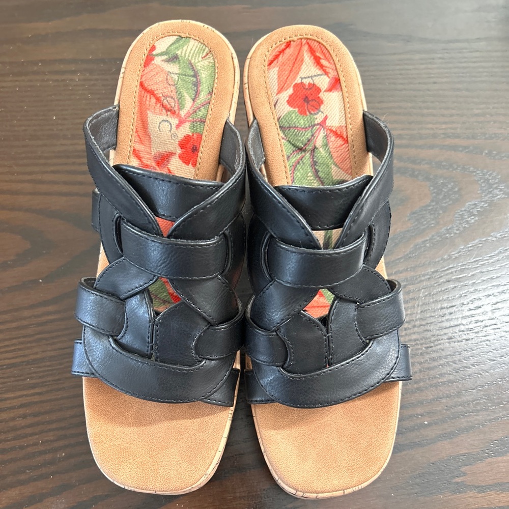 Born Womens Cora Sandal Size 9 Black Faux Leather Wedge Platform Mule Y2K Shoe